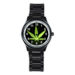 Marijuana Weed Drugs Neon Green Black Light Stainless Steel Round Watch