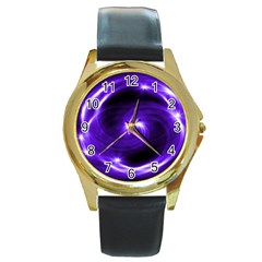 Purple Black Star Neon Light Space Galaxy Round Gold Metal Watch by Mariart