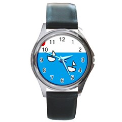 Ship Sea Beack Sun Blue Sky White Water Round Metal Watch