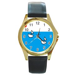 Ship Sea Beack Sun Blue Sky White Water Round Gold Metal Watch