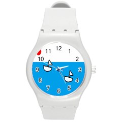 Ship Sea Beack Sun Blue Sky White Water Round Plastic Sport Watch (m)