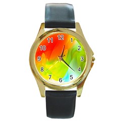 Red Yellow Green Blue Rainbow Color Mix Round Gold Metal Watch