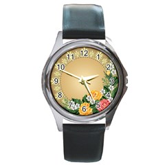 Rose Sunflower Star Floral Flower Frame Green Leaf Round Metal Watch by Mariart