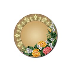 Rose Sunflower Star Floral Flower Frame Green Leaf Rubber Round Coaster (4 Pack)  by Mariart