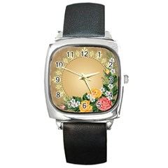 Rose Sunflower Star Floral Flower Frame Green Leaf Square Metal Watch by Mariart