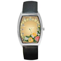 Rose Sunflower Star Floral Flower Frame Green Leaf Barrel Style Metal Watch