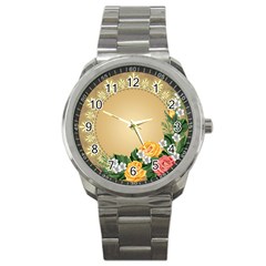 Rose Sunflower Star Floral Flower Frame Green Leaf Sport Metal Watch by Mariart