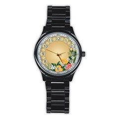 Rose Sunflower Star Floral Flower Frame Green Leaf Stainless Steel Round Watch by Mariart