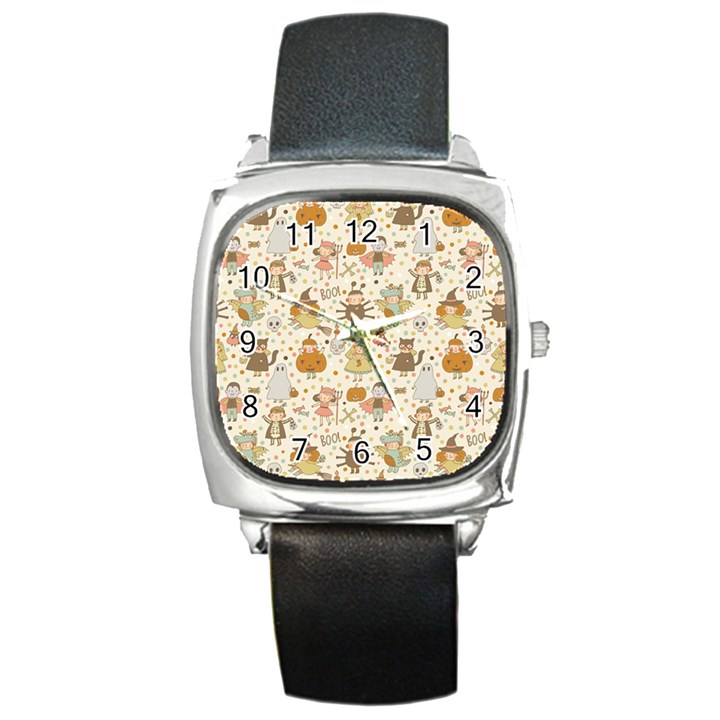 Sinister Helloween Cat Pumkin Bat Ghost Polka Dots Vampire Bone Skull Square Metal Watch