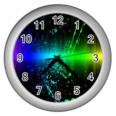 Space Galaxy Green Blue Black Spot Light Neon Rainbow Wall Clocks (silver) 