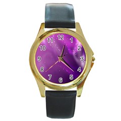 Space Star Planet Galaxy Purple Round Gold Metal Watch by Mariart