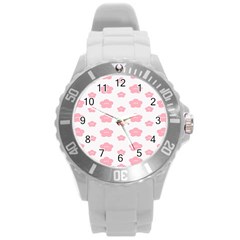 Star Pink Flower Polka Dots Round Plastic Sport Watch (l)