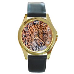 Tiger Beetle Lion Tiger Animals Leopard Round Gold Metal Watch by Mariart