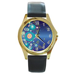 Flower Blue Floral Sunflower Star Polka Dots Sexy Round Gold Metal Watch by Mariart