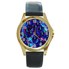 Dark Neon Stuff Blue Red Black Rainbow Light Round Gold Metal Watch