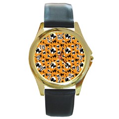 Pattern Halloween Black Cat Hissing Round Gold Metal Watch by iCreate