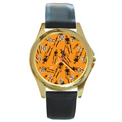 Halloween Skeletons  Round Gold Metal Watch by iCreate