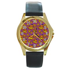 Halloween Colorful Jackolanterns  Round Gold Metal Watch by iCreate