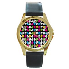 Pattern Painted Skulls Icreate Round Gold Metal Watch by iCreate