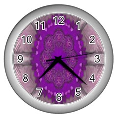 Fantasy-flowers In Harmony  In Lilac Wall Clocks (silver)  by pepitasart