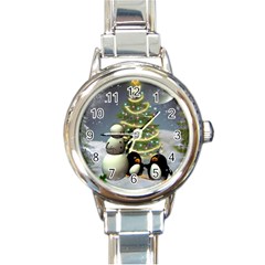 Funny Snowman With Penguin And Christmas Tree Round Italian Charm Watch by FantasyWorld7