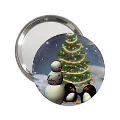 Funny Snowman With Penguin And Christmas Tree 2 25  Handbag Mirrors by FantasyWorld7