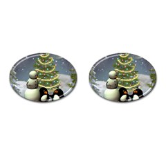 Funny Snowman With Penguin And Christmas Tree Cufflinks (oval) by FantasyWorld7