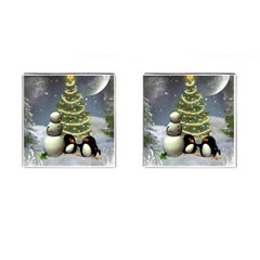 Funny Snowman With Penguin And Christmas Tree Cufflinks (square) by FantasyWorld7