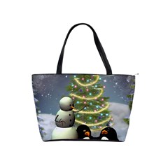 Funny Snowman With Penguin And Christmas Tree Shoulder Handbags by FantasyWorld7