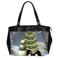 Funny Snowman With Penguin And Christmas Tree Office Handbags (2 Sides)  by FantasyWorld7