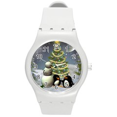 Funny Snowman With Penguin And Christmas Tree Round Plastic Sport Watch (m) by FantasyWorld7