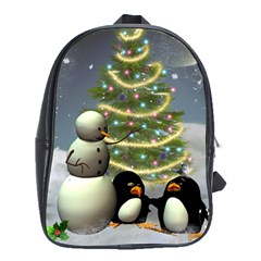 Funny Snowman With Penguin And Christmas Tree School Bag (xl) by FantasyWorld7