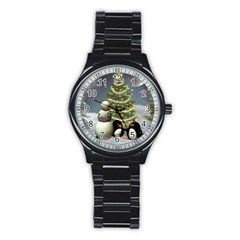 Funny Snowman With Penguin And Christmas Tree Stainless Steel Round Watch by FantasyWorld7