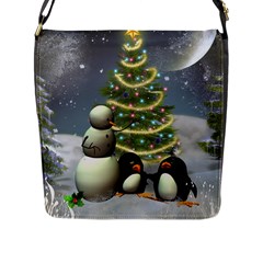 Funny Snowman With Penguin And Christmas Tree Flap Messenger Bag (l)  by FantasyWorld7