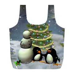 Funny Snowman With Penguin And Christmas Tree Full Print Recycle Bags (l)  by FantasyWorld7