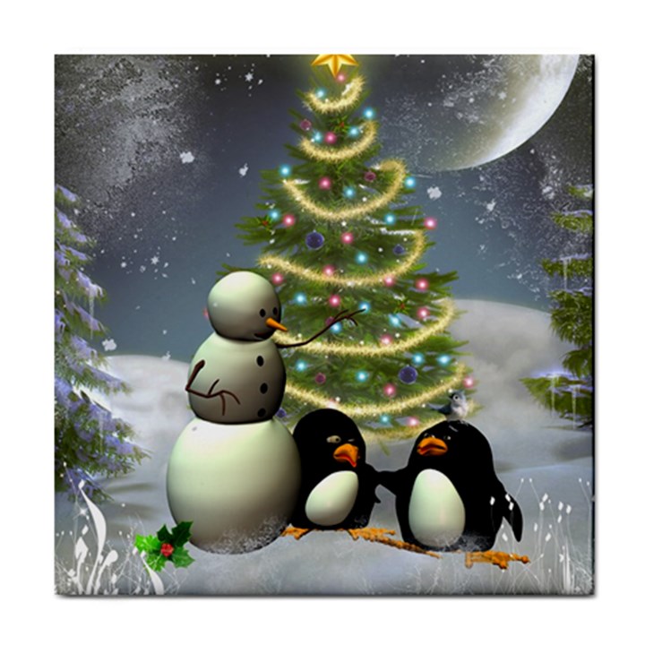 Funny Snowman With Penguin And Christmas Tree Tile Coasters