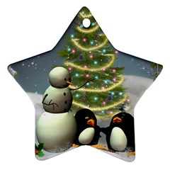 Funny Snowman With Penguin And Christmas Tree Ornament (star) by FantasyWorld7