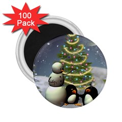 Funny Snowman With Penguin And Christmas Tree 2 25  Magnets (100 Pack)  by FantasyWorld7