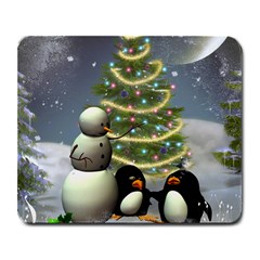 Funny Snowman With Penguin And Christmas Tree Large Mousepads by FantasyWorld7