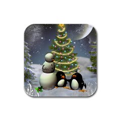 Funny Snowman With Penguin And Christmas Tree Rubber Square Coaster (4 Pack)  by FantasyWorld7