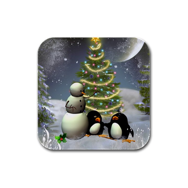 Funny Snowman With Penguin And Christmas Tree Rubber Square Coaster (4 pack) 