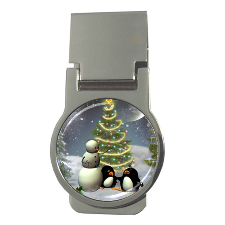 Funny Snowman With Penguin And Christmas Tree Money Clips (Round) 