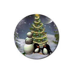 Funny Snowman With Penguin And Christmas Tree Rubber Coaster (round)  by FantasyWorld7