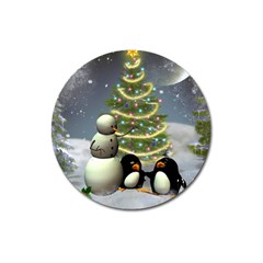 Funny Snowman With Penguin And Christmas Tree Magnet 3  (round) by FantasyWorld7