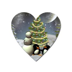 Funny Snowman With Penguin And Christmas Tree Heart Magnet by FantasyWorld7