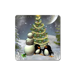 Funny Snowman With Penguin And Christmas Tree Square Magnet by FantasyWorld7