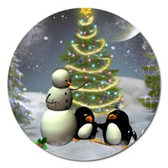 Funny Snowman With Penguin And Christmas Tree Magnet 5  (round) by FantasyWorld7