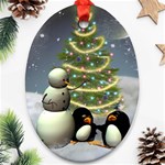 Funny Snowman With Penguin And Christmas Tree Oval Ornament (Two Sides) Front