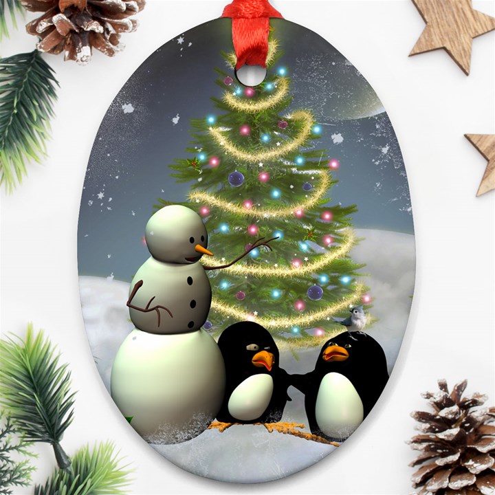 Funny Snowman With Penguin And Christmas Tree Oval Ornament (Two Sides)