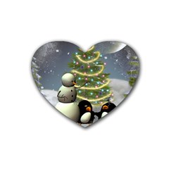 Funny Snowman With Penguin And Christmas Tree Rubber Coaster (heart)  by FantasyWorld7